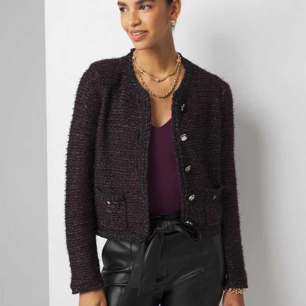 White House Black Market Metallic Tweed Sweater Jacket